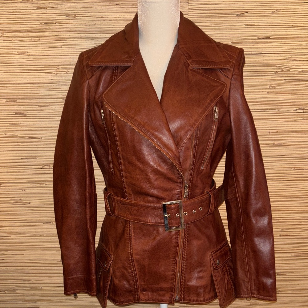 Women's Brown Leather Jacket 3/4 length style with pockets cognac medium new NWT